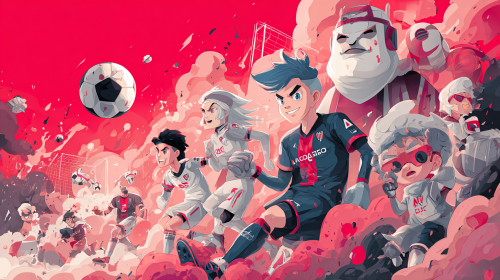 Create a vibrant and whimsical cartoon-style promotional poster for the Italian Serie A match between Cremonese and Bologna, emphasizing playful characters and dynamic action. Make sure it embodies the essence of anime aesthetics while highlighting the excitement of the game. --ar 16:9 --style raw --style cute