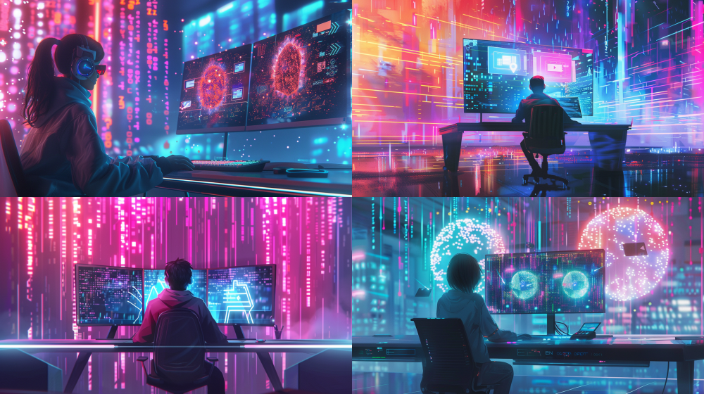 A university student sitting at a sleek desk, focused on a computer monitor displaying three glowing AI tool icons, surrounded by a vibrant backdrop of luminous streams of flowing code, bright neon colors, hopeful and futuristic atmosphere, digital illustration, tech illustration style, clean sharp lines, high detail, cinematic lighting, 8k resolution  --ar 16:9  --v 6