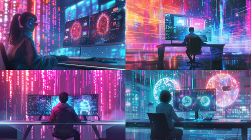 A university student sitting at a sleek desk, focused on a computer monitor displaying three glowing AI tool icons, surrounded by a vibrant backdrop of luminous streams of flowing code, bright neon colors, hopeful and futuristic atmosphere, digital illustration, tech illustration style, clean sharp lines, high detail, cinematic lighting, 8k resolution  --ar 16:9  --v 6