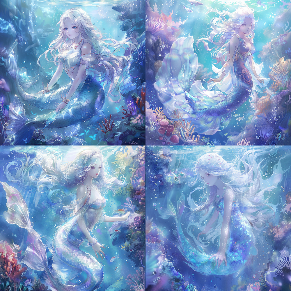 < https://oc.superx.chat/img/1773110147994.png > An enchanting mermaid princess, adorned with long, ethereal hair that cascades like a shimmering waterfall of purest white, and mesmerizing sapphire-blue eyes, glides gracefully through the crystalline waters of her magical underwater realm. The scene is alive with vibrant coral reefs and mesmerizing bioluminescent sea creatures. The illustration employs a harmonious blend of soft lavender and azure hues, creating a luminous atmosphere. This exquisite artwork captures an enchanting anime style, with fluid, dreamlike water ripples that enhance the overall beauty and allure. --v 6