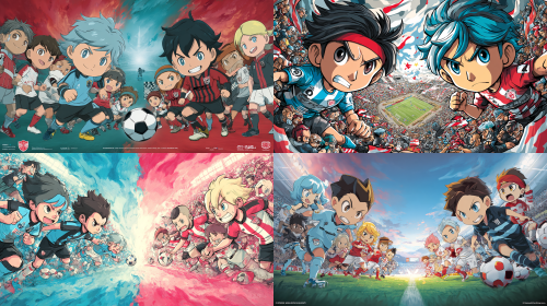 帮我生成一张日本足球职业联赛川崎前锋对阵浦和红钻比赛的卡通动漫版本的宣传海报,注意是卡通动漫版  --ar 16:9  --style raw  --style cute