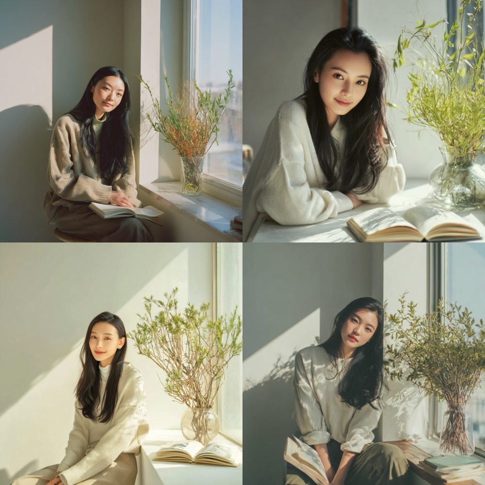 medium shot On an early spring afternoon in the north, a beautiful Chinese woman in her teens with long, soft black hair over her shoulders and fair, smooth skin. Slim figure, simple attire, fresh and comfortable style. She sat on a high stool, facing the left side of the screen, with one hand lightly resting on an open book; The other arm is bent, and the elbow is slightly supported on the table next to the windowsill, with a relaxed posture. In the indoor corner near the window, ample natural light shines through the window and spreads throughout the room, creating a soft and bright glow. There is a vase next to it, filled with emerald green plants with stretched branches and tender leaves. Elegant, beautiful, hazy, with strong light and shadow contrast, colorful light and shadow, extremely clear, rich in details, smooth lines, delicate hair, super realistic style, high contrast, beautiful figure, the image focuses on the woman's calm state in the book, with a hint of smile appearing on her face, expressing delicate and natural emotions. 20
