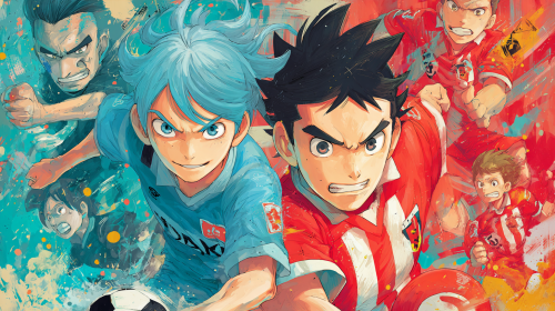 "Create a vibrant and whimsical cartoon anime poster showcasing the thrilling match between Kawasaki Frontale and Urawa Red Diamonds in the Japanese Professional Football League. Emphasize the dynamic energy of the game while maintaining a playful, artistic style. --ar 16:9 --style raw --style cute"