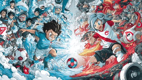 "Create a vibrant and whimsical cartoon anime poster showcasing the thrilling match between Kawasaki Frontale and Urawa Red Diamonds in the Japanese Professional Football League. Emphasize the dynamic energy of the game while maintaining a playful, artistic style. --ar 16:9 --style raw --style cute"