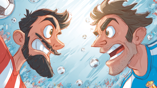 Create a vibrant and whimsical cartoon-style promotional poster for the Spanish La Liga match between Getafe and Athletic Bilbao, emphasizing the playful and artistic elements of the characters and the excitement of the game. --ar 16:9 --style raw --style cute