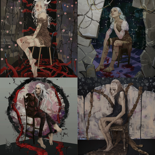 < https://oc.superx.chat/img/1772697281814.jpg > < https://oc.superx.chat/img/1772697086832.png > 将两张图的风格融合，创作出一个长发女人坐在椅子上，她光着脚，白色的头发，位于画面中间，赤裸的身上缠满荆棘，她的眼睛突出的没有眼皮，嘴巴大张着，表情痛苦，背景是纯黑色，脚下满是碎裂的玻璃，脚下布满红色的液体，整体风格偏向第一张参考图，画面需要抽象的夸张透视关系