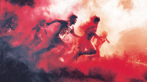 A captivating promotional poster for the Serie A match between Cremonese and Bologna, featuring dynamic action and vibrant colors, evoking the passion of Italian football. --ar 16:9 --style raw