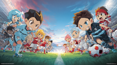 Create a vibrant and whimsical cartoon anime-style promotional poster for the thrilling match between Kawasaki Frontale and Urawa Red Diamonds in the J-League. Emphasize the playful and dynamic nature of the teams and their spirited competition. --ar 16:9 --style raw --style cute