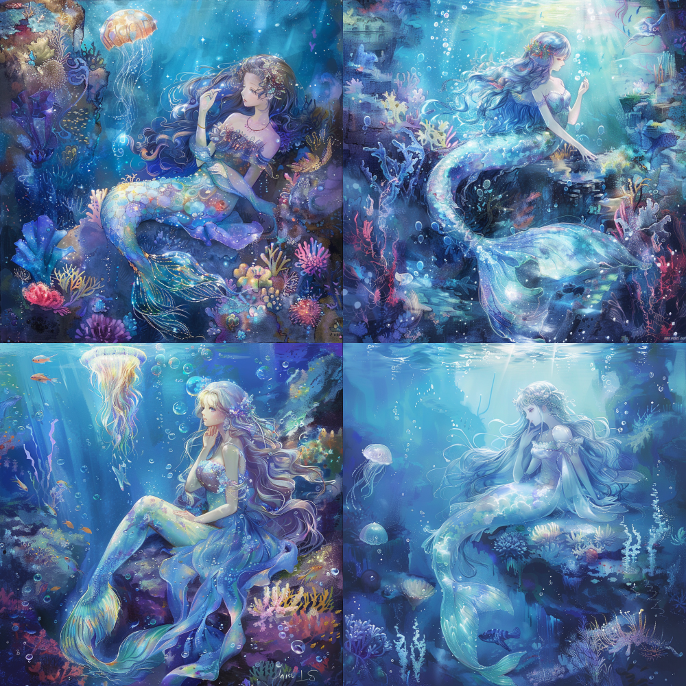 < https://oc.superx.chat/img/1773113928565.jpg > In a mesmerizing oil painting style, beneath the serene illumination of the ocean floor, a graceful mermaid reclines on a weathered rock, her movements fluid and ethereal. Her delicate hand rests gently on the rock, encircled by an enchanting array of corals in myriad shapes and hues. Bioluminescent jellyfish glide gracefully alongside the corals, while the lower left corner reveals rugged rocks adorned with vibrant coral and swaying kelp. Above, a magnificent jellyfish ascends, its long, flowing tentacles drifting gracefully towards the mermaid. The background is a symphony of vibrant, colorful jellyfish radiating a soft, enchanting glow, enveloped by corals in a harmonious blend of pink and blue shades. The overall atmosphere is enchanting and dreamlike, with a deep blue gradient casting a mysterious, otherworldly ambiance. --v 6