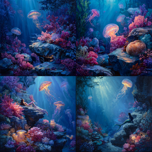 In an oil painting style, under the tranquil light of the ocean floor, a graceful mermaid sits on a rock, her movements ethereal. Her hand rests on the rock, surrounded by corals of various shapes and sizes. Bioluminescent jellyfish float beside the corals, while the lower left corner features rocks covered in coral and kelp. Above, a large jellyfish floats upwards, its long tentacles drifting towards the mermaid. The background is filled with vibrant, colorful jellyfish emitting a soft glow, surrounded by corals in various shades of pink and blue. The overall atmosphere is captivating and dreamlike, with a deep blue gradient creating a mysterious ambiance.