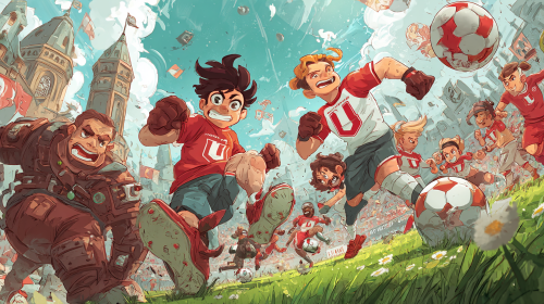 Create a vibrant and whimsical cartoon anime-style promotional poster for the exciting match between Union Berlin and St. Pauli in the German Bundesliga. Emphasize the playful and dynamic elements of the teams and the atmosphere of the game. --ar 16:9 --style raw --style cute
