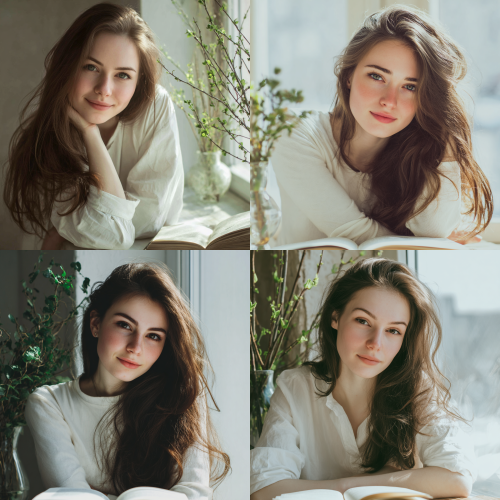 近景。北方初春的午后，一位20多岁的美丽女子，棕色柔顺的长发过肩，皮肤美白、光滑。身材纤细，着装简约，风格清新舒适。一只手轻放在摊开的书本上；另一只手臂弯曲，手肘微微支撑在窗台边的桌面上，姿态轻松。靠近窗户的室内角落，充足的自然光透过窗户洒落，光线柔和明亮。旁边摆放着一只花瓶，里面插着几枝翠绿的植物，枝条舒展、叶片鲜嫩。极简风，电影美学，大师杰作，高雅，唯美，朦胧，光影对比强烈，光影斑斓，极致超清，细节丰富，精致刻画，线条流畅，发丝细腻，超写实风格，高级、有故事感，线条纤细逼真，高对比度，身姿优美，画面聚焦于女子沉静在书中的状态，有一丝微笑浮现在脸庞，表情细腻且自然。