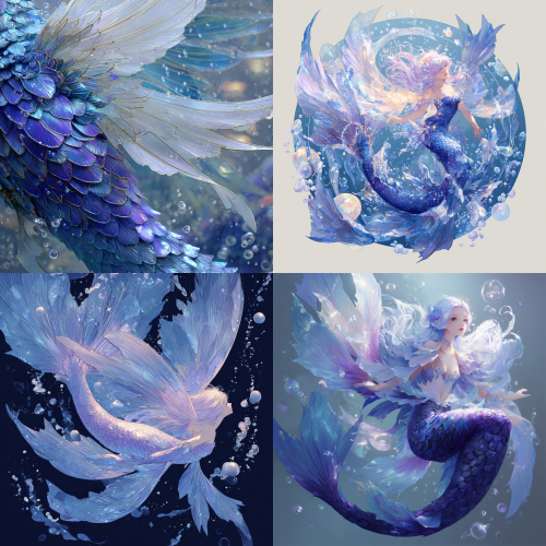 A beautiful mermaid, adorned with blue-purple scales and elegant white star-shaped wings, soars through the sea, surrounded by bubbles and planets. This artwork blends the styles of renowned artists such as Hayao Miyazaki, Katsuya Terada, Yoshitaka Amano, Wlop, and Artgerm, boasting exquisite details and making it a high-quality, high-resolution masterpiece. The soft, gentle background creates a dreamlike atmosphere.