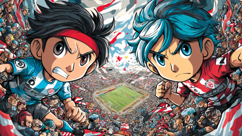 Create a vibrant and whimsical cartoon anime-style promotional poster for the thrilling match between Kawasaki Frontale and Urawa Red Diamonds in the J-League. Emphasize the playful and dynamic nature of the teams and their spirited competition. --ar 16:9 --style raw --style cute