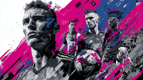 A stunning promotional poster for the Ligue 1 match between Angers and Lyon, capturing the essence of competition and sportsmanship, featuring dynamic visuals and vibrant colors --ar 16:9 --style raw