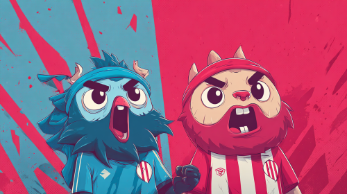 Create a vibrant and whimsical cartoon-style promotional poster for the Spanish La Liga match between Getafe and Athletic Bilbao, emphasizing the playful and artistic elements of the characters and the excitement of the game. --ar 16:9 --style raw --style cute
