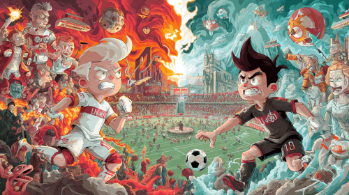 Create a vibrant and whimsical cartoon anime-style promotional poster for the exciting match between Union Berlin and St. Pauli in the German Bundesliga. Emphasize the playful and dynamic elements of the teams and the atmosphere of the game. --ar 16:9 --style raw --style cute