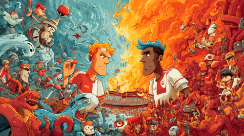 Create a vibrant and whimsical cartoon anime-style promotional poster for the exciting match between Union Berlin and St. Pauli in the German Bundesliga. Emphasize the playful and dynamic elements of the teams and the atmosphere of the game. --ar 16:9 --style raw --style cute