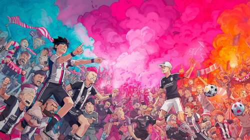 Create a vibrant and whimsical cartoon-style poster for the thrilling match between Angers and Lyon in the French Ligue 1. Emphasize the playful and dynamic essence of the game, showcasing the excitement and energy of the teams in a charming anime aesthetic. --ar 16:9 --style raw --style cute