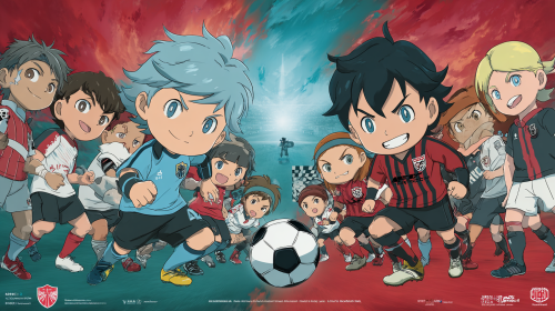 Create a vibrant and whimsical cartoon anime-style promotional poster for the thrilling match between Kawasaki Frontale and Urawa Red Diamonds in the J-League. Emphasize the playful and dynamic nature of the teams and their spirited competition. --ar 16:9 --style raw --style cute