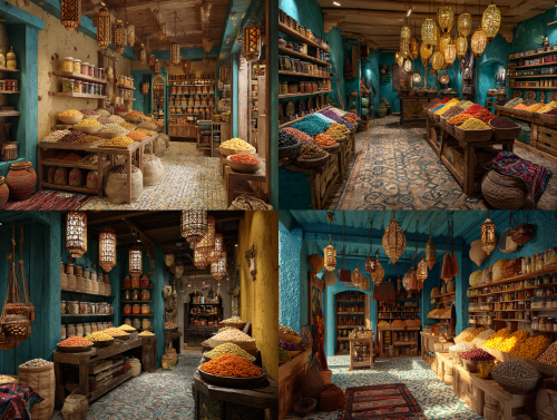 1. 浓郁的南疆风情（喀什/库车风格）Prompt: Interior view of a rustic Xinjiang dried fruit store, main color palette of desert yellow and turquoise blue (inspired by "half desert, half oasis") . Walls are textured rammed earth, floor is laid with ethnic patterned tiles . Wooden shelves and display tables are filled with abundant dried fruits and nuts . Hanging from the ceiling are traditional Uyghur carved wooden lanterns, casting warm pools of light . In the corner, a display area features handmade pottery and colorful wool carpets . Highly detailed, warm atmosphere, 8k render  --ar 4:3