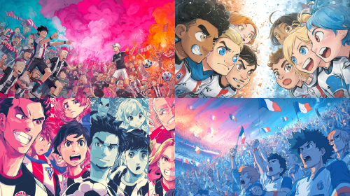 帮我生成一张法国足球甲级联赛昂热对阵里昂比赛的卡通动漫版本的宣传海报,注意是卡通动漫版  --ar 16:9  --style raw  --style cute