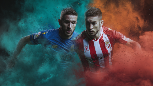 A captivating promotional poster for the La Liga match between Getafe and Athletic Bilbao, showcasing the vibrant energy of Spanish football. --ar 16:9 --style raw