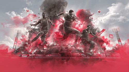 A captivating promotional poster for the German Bundesliga match between Union Berlin and St. Pauli, featuring dynamic visuals and an energetic atmosphere --ar 16:9 --style raw
