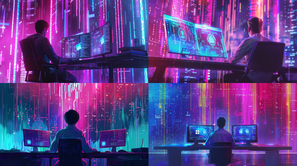 A university student sitting at a sleek desk, focused on a computer monitor displaying three glowing AI tool icons, surrounded by a vibrant backdrop of luminous streams of flowing code, bright neon colors, hopeful and futuristic atmosphere, digital illustration, tech illustration style, clean sharp lines, high detail, cinematic lighting, 8k resolution  --ar 16:9  --v 6