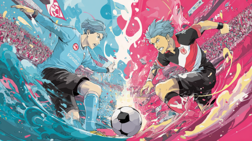 "Create a vibrant and whimsical cartoon anime poster showcasing the thrilling match between Kawasaki Frontale and Urawa Red Diamonds in the Japanese Professional Football League. Emphasize the dynamic energy of the game while maintaining a playful, artistic style. --ar 16:9 --style raw --style cute"