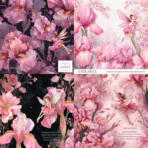 The overall style should avoid realism; instead, use a watercolor style with brushstrokes. The "dark forest hand-painted background" features light pink or pink irises as the main subject. A flower fairy sits on the iris petals extending from the right, dressed in a beautiful pink outfit. The fairy's color and form should match the overall composition. Irregular pink flowers and vines on the left side enrich the image. The overall illustration should be predominantly light pink or pink, with the details of the main subject and figures naturally complementing the overall composition. It should be aesthetically pleasing and natural, with minimal color variations. The aspect ratio should be 16:9, and it should be high-definition.