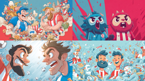 帮我生成一张西班牙足球甲级联赛赫塔费对阵毕尔巴鄂比赛的卡通动漫版本的宣传海报,注意是卡通动漫版  --ar 16:9  --style raw  --style cute