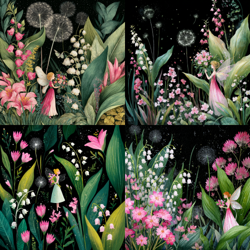 A beautiful watercolor illustration, not realistic, but with brushstrokes. The foreground features pink wildflowers in the grass, with pink lilies of the valley and leaves on the right. A lovely flower fairy holding a bouquet stands in front of the lilies of the valley. Dandelions float in the center, and various lilies of the valley are also present on the left. The background is black, and the aspect ratio is 16:9. The overall quality should be high-resolution and aesthetically pleasing.