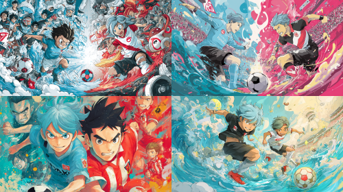 帮我生成一张日本足球职业联赛川崎前锋对阵浦和红钻比赛的卡通动漫版本的宣传海报,注意是卡通动漫版  --ar 16:9  --style raw  --style cute