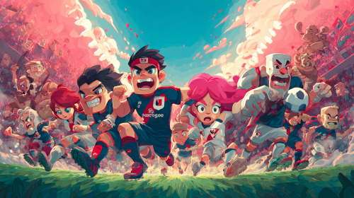 Create a vibrant and whimsical cartoon-style promotional poster for the Italian Serie A match between Cremonese and Bologna, emphasizing playful characters and dynamic action. Make sure it embodies the essence of anime aesthetics while highlighting the excitement of the game. --ar 16:9 --style raw --style cute