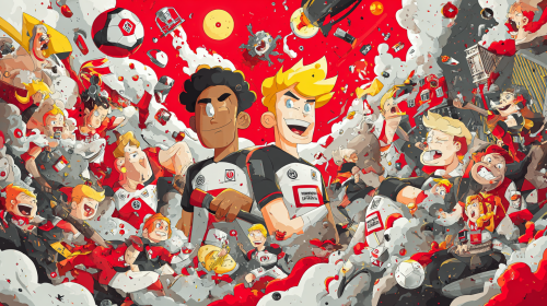 Create a vibrant and whimsical cartoon anime-style promotional poster for the exciting match between Union Berlin and St. Pauli in the German Bundesliga. Emphasize the playful and dynamic elements of the teams and the atmosphere of the game. --ar 16:9 --style raw --style cute