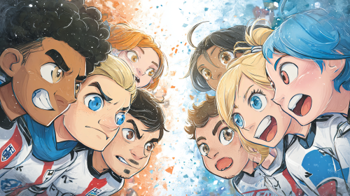 Create a vibrant and whimsical cartoon-style poster for the thrilling match between Angers and Lyon in the French Ligue 1. Emphasize the playful and dynamic essence of the game, showcasing the excitement and energy of the teams in a charming anime aesthetic. --ar 16:9 --style raw --style cute