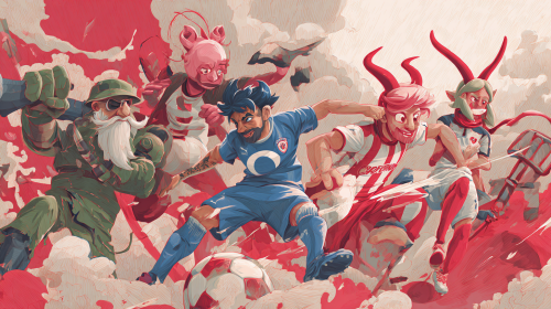 Create a vibrant and whimsical cartoon-style promotional poster for the Italian Serie A match between Cremonese and Bologna, emphasizing playful characters and dynamic action. Make sure it embodies the essence of anime aesthetics while highlighting the excitement of the game. --ar 16:9 --style raw --style cute