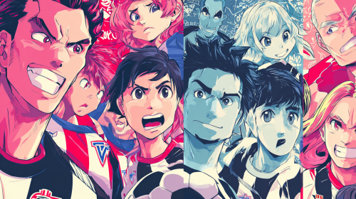 Create a vibrant and whimsical cartoon-style poster for the thrilling match between Angers and Lyon in the French Ligue 1. Emphasize the playful and dynamic essence of the game, showcasing the excitement and energy of the teams in a charming anime aesthetic. --ar 16:9 --style raw --style cute