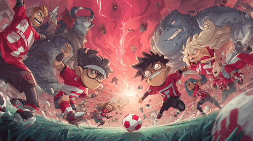 Create a vibrant and whimsical cartoon-style promotional poster for the Italian Serie A match between Cremonese and Bologna, emphasizing playful characters and dynamic action. Make sure it embodies the essence of anime aesthetics while highlighting the excitement of the game. --ar 16:9 --style raw --style cute