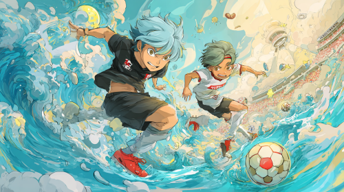 "Create a vibrant and whimsical cartoon anime poster showcasing the thrilling match between Kawasaki Frontale and Urawa Red Diamonds in the Japanese Professional Football League. Emphasize the dynamic energy of the game while maintaining a playful, artistic style. --ar 16:9 --style raw --style cute"