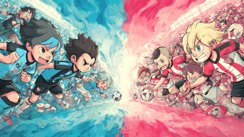Create a vibrant and whimsical cartoon anime-style promotional poster for the thrilling match between Kawasaki Frontale and Urawa Red Diamonds in the J-League. Emphasize the playful and dynamic nature of the teams and their spirited competition. --ar 16:9 --style raw --style cute