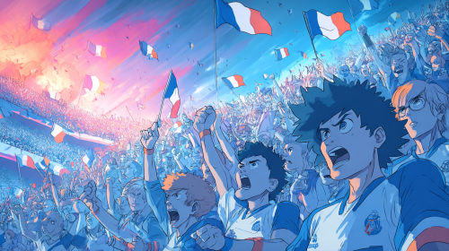 Create a vibrant and whimsical cartoon-style poster for the thrilling match between Angers and Lyon in the French Ligue 1. Emphasize the playful and dynamic essence of the game, showcasing the excitement and energy of the teams in a charming anime aesthetic. --ar 16:9 --style raw --style cute