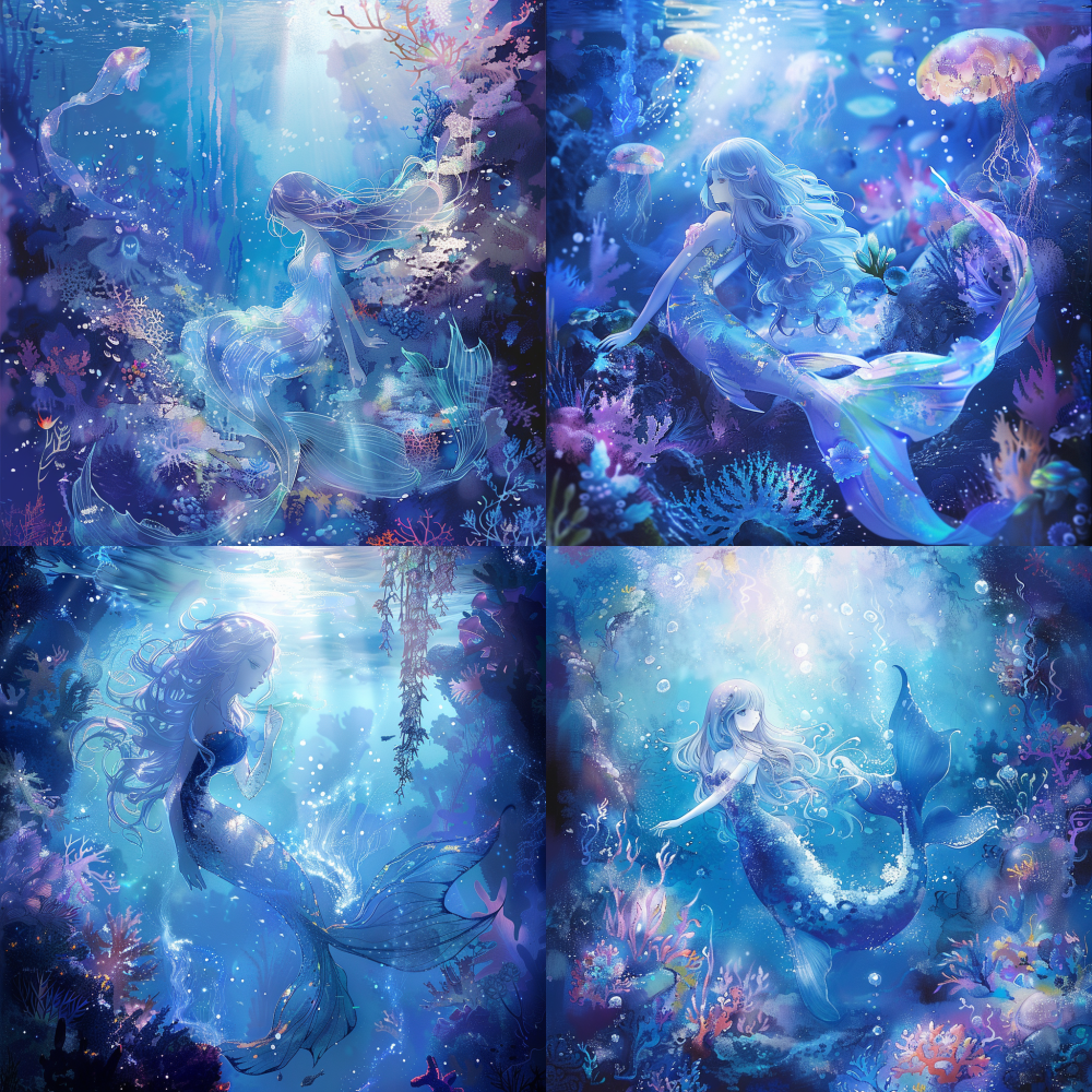 < https://oc.superx.chat/img/1773113692237.jpg > Illuminated by the serene glow of the ocean's depths, a captivating mermaid reclines gracefully upon a vibrant reef, her silhouette almost otherworldly. Surrounding her, a diverse array of corals in mesmerizing shapes and hues flourishes, while ethereal bioluminescent jellyfish glide gracefully nearby. To the lower left, a lush expanse of coral and swaying kelp creates a rich tapestry of life, and in the upper left, a majestic jellyfish ascends, its delicate tentacles cascading towards the mermaid. The backdrop is a kaleidoscope of luminous jellyfish radiating a soft, enchanting light, enveloped by corals painted in soft pinks and deep blues. The entire scene exudes a magical and dreamlike quality, enhanced by a deep blue gradient that evokes an air of mystery. --v 6