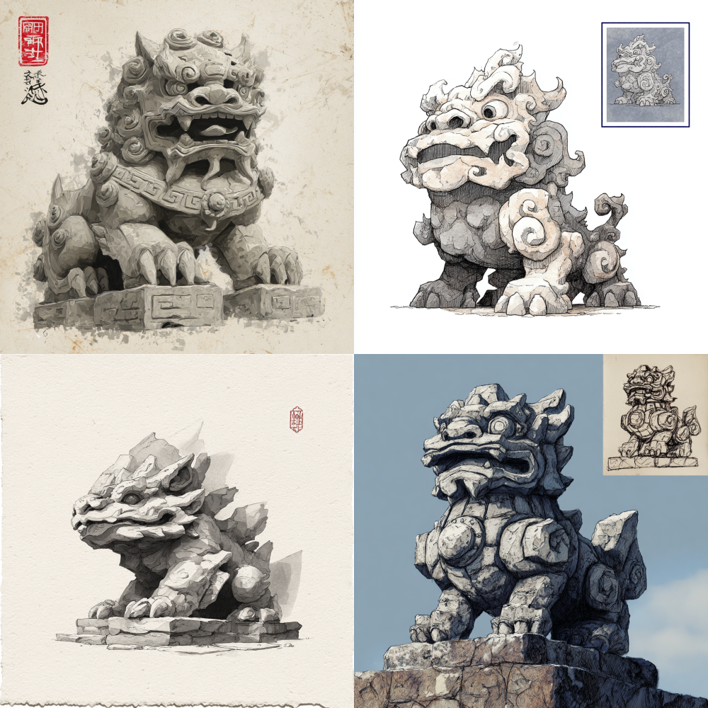 Refer to the shape of the Zhenhai Stone Beast in the reference picture to generate a cartoon hand drawn version of the stone beast. Ink painting techniques can be used, and the background should be clean and easy to pick 