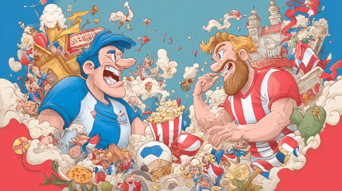 Create a vibrant and whimsical cartoon-style promotional poster for the Spanish La Liga match between Getafe and Athletic Bilbao, emphasizing the playful and artistic elements of the characters and the excitement of the game. --ar 16:9 --style raw --style cute