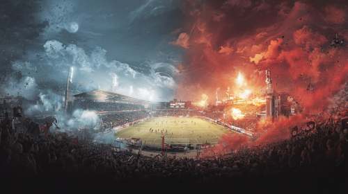 A captivating promotional poster for the German Bundesliga match between Union Berlin and St. Pauli, featuring dynamic visuals and an energetic atmosphere --ar 16:9 --style raw